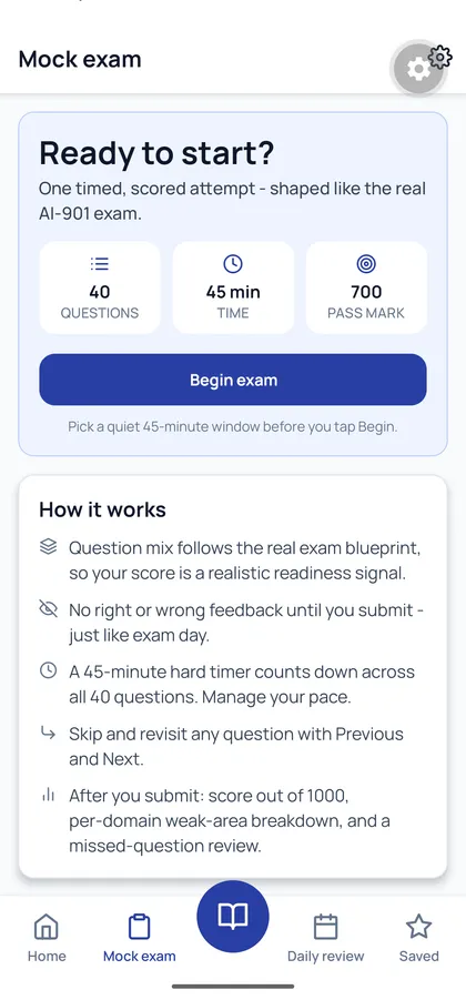 PassTheVoid mock exam start screen: 40 questions, 45 minutes, 700 pass mark