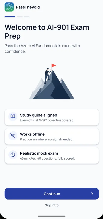 PassTheVoid welcome screen introducing AI-901 exam prep