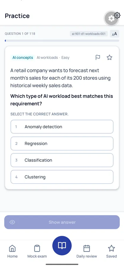 PassTheVoid practice question on AI workloads with multiple-choice answers